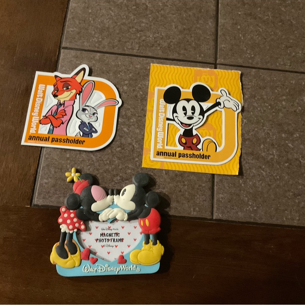 Disney Annual Passholder Stickers and Mickey Photo Frame - Orange, Yellow, Red